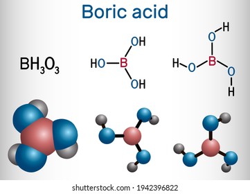 Boric acid, hydrogen borate, boracic acid, orthoboric acid molecule. It is hydrate of boric oxide with antiseptic, antifungal, antiviral properties. Skeletal formula, model. Vector illustration svg