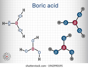Boric acid, hydrogen borate, boracic acid, orthoboric acid molecule. It is hydrate of boric oxide with antiseptic, antifungal, antiviral properties. Sheet of paper in a cage. Vector illustration svg