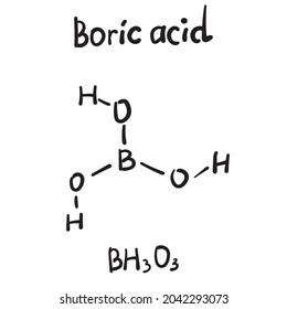 Boric acid molecule formula. Hand drawn imitation of hydrogen borate structural model, boracic or orthoboric acid chemistry skeletal formula, sketchy vector symbol svg