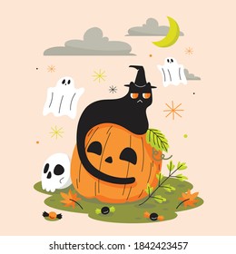 A boring black cat on smile face orange pumpkin near a skull with two flying blanket ghosts in Halloween Day