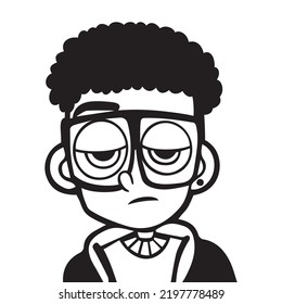 Boring boy with curls and glasses. Vector art. Black and White