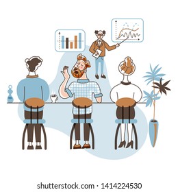 Boring company meeting flat vector illustration. Bored manager yawning at project presentation. Bankers, experts listening to report cartoon characters. Finance analyst presenting market trends