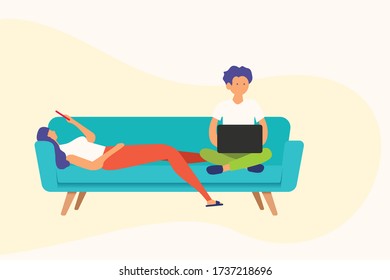Boring couple on the couch. A man is watching laptop and the woman is surfing the internet while lying on the couch. Trendy style of illustration with vector graphic. 