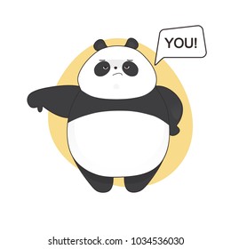 Boring cute shows thumb down angry panda cartoon style. Vector hand drawn illustration.