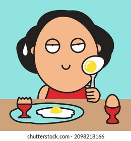 Boring Girl With Her Too Many Eggs In One Meal Concept Card Character illustration