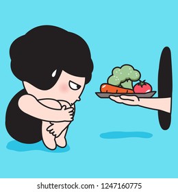 Boring Girl Hugs Her Knee Received Healthy Food Or Vegetable Trays Through A Hole In A Room Wall. Concept Of Weight Watcher Or Weight Loser Card Character illustration