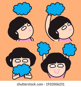 Boring Girl Picks A Blue Cloud From Orange Sky And Makes It Become Pompom Instead Concept Card Character illustration