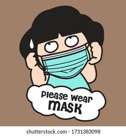 Boring Girl Wearing Medical Face Mask To Protect Virus With Please Wear Mask Bubble Messages Concept Card Character illustration