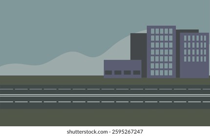Boring gray cityscape with tall buildings and wide road. City without plants as an illustration of ecological problems of urban environment