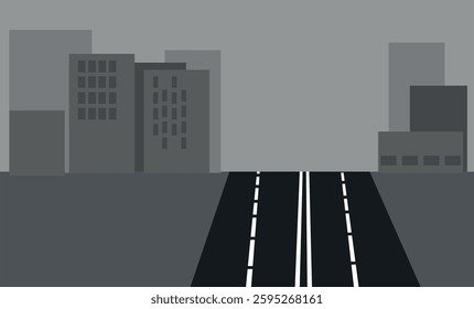 Boring gray cityscape with tall buildings and wide road. City without plants as an illustration of ecological problems of urban environment