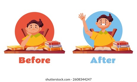 Boring and happy school children in classroom. Before and after education cartoon illustration