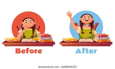 Boring and happy school children in classroom. Before and after education cartoon illustration
