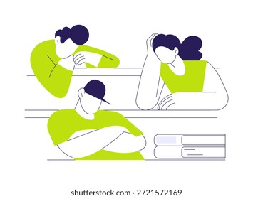 Leitura chata ilustrações isoladas de vetor de desenhos animados. Grupo de estudantes se sentindo entediado com a palestra, jovens desmotivados, processo educacional moderno, classes universitárias vetor cartoon.