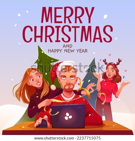 Boring man with annoyed face in Santa hat working on laptop. Happy female colleagues celebrating Christmas at office party, New Year trees background. Holiday depression. Cartoon vector illustration