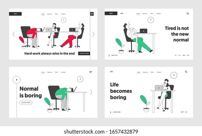 Boring Office Employees Sleeping at Desk Postponing Work, Unprofitable Time Website Landing Page Set. Lazy or Tired Business People Dreaming Web Page Banner. Cartoon Flat Vector Illustration Linear