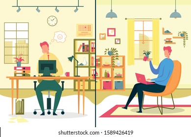 Boring Office Routine and Freelance Distant Work Comparison Flat Vector Concept with Bored and Sad Company Employee, Worker Sitting at Desk in Office, Happy Freelancer Working at Home Illustration