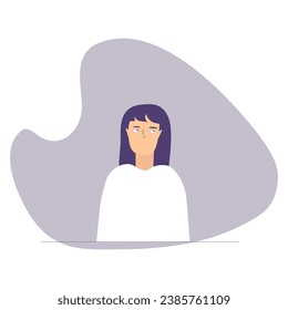 Boring sad young woman with blue hair thinking what to do. Sitting alone flat illustration.
