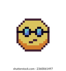 Boring smiley face in glasses with lopsided mouth, crooked smile, emoticon, pixel art icon, yellow face, cartoon character. 8-bit flat style. Isolated abstract colorful vector illustration.