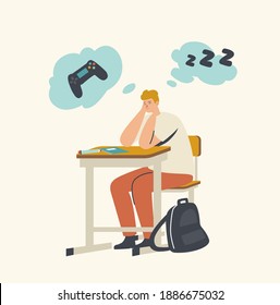Boring Teenager Sitting at Desk with Closed Eyes Listening Lecture on Lesson and Think of Computer Game or Sleep. Student Male Character Boring, Boredom in School Class. Linear Vector Illustration