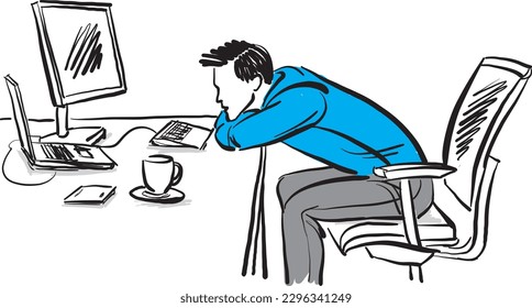 boring tired stressed depressed business man working in front of laptop computer vector illustration Stock Vector