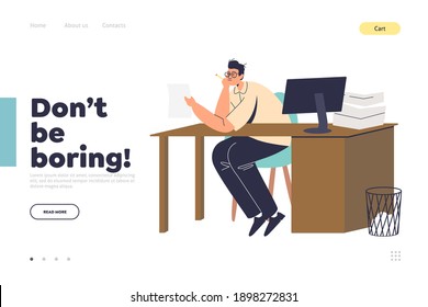 Boring work concept of landing page with bored office worker reading documents with pile of business papers on office desk. Frustrated manager at workplace. Flat cartoon vector illustration