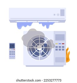 Borker air conditioner with leaking water, smoke and fire, flat vector illustration isolated on white background. Overheated and damaged AC. Concept of air conditioning repair service.