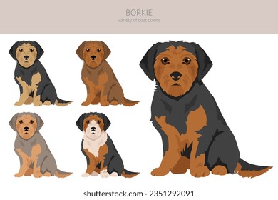 Borkie clipart. Beagle Yorkshire terrier mix. Different coat colors set.  Vector illustration