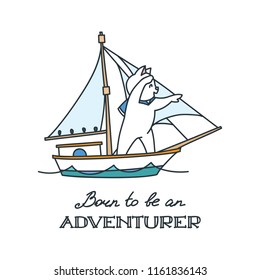 Born to be an adventurer. Cute white cat sailor on the ship. Vector illustration 8 EPS.