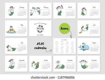 Born to be a purrmaid! Monthly calendar 2019 template with cute cat mermaids. Bonus - 2020 calendar. Vector illustration 8 EPS.