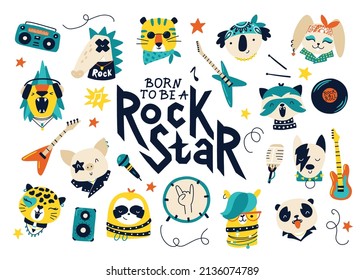 Born to be a rock star. Vector collection with rock animal characters and illustrations of musical instruments for kids. Hand drawn cartoons in funny doodle style. for prints on baby clothes, posters