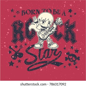 Born to be a rock star, vector artwork for young girl t shirt grunge effect in separate layer