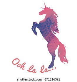 Born to be a unicorn. Vector illustration. Abstract unicorn silhouette isolated with text inside on grunge background. With an Ooh la la inscription. Pink-purple jumping fictional fairy animal.