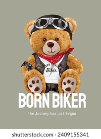 geborener Bikerslogan mit Bärenpuppe, handgezeichnet, Vektorgrafik