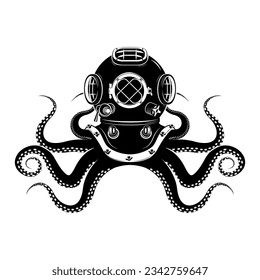 Born to dive. octopus with diver helmet and two tridents. Template for t-shirt print. Vector illustration.