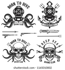 Born to dive. Set of vintage diver helmets, diver label templates and design elements.  Design elements for logo, label, emblem, sign, badge, brand mark. Vector illustration.