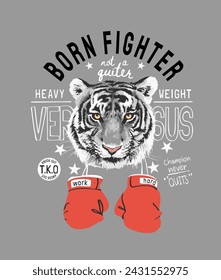 born fighter slogan with tiger and boxing grove graphic hand drawn vector illustration for fashion print