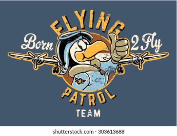 Born to fly cute eagle aviator, vector artwork for children wear, grunge effect in separate layer.