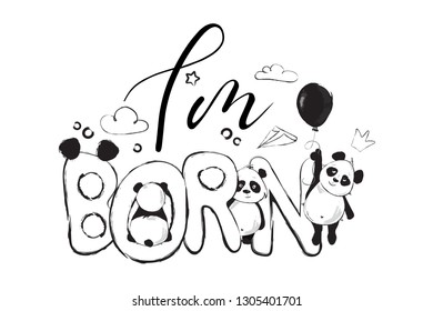 I am born greeting card design with cute panda bear