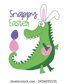 Born to hunt - funny alligator in bunny ears, with Easter eggs. good for greeting crad, poster, T shirt print, label and other gifts design.