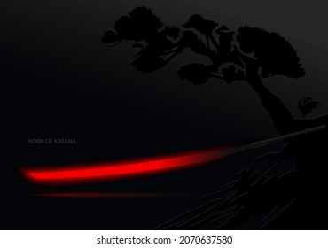 Born of katana illustration. Red hod blade in the dark. Japan culture visual template