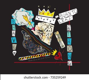 Nació para liderar el eslogan con tigre, corona y mariposa. Collage de arte pop vectorial para ropa de moda, camiseta, tarjeta de saludo, envoltura y diseño de té impreso.