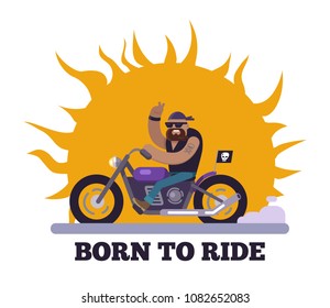 Born to ride poster with motorcycle and skull flag, man having tattoo on hand riding bike, banner headline, vector illustration isolated on white