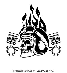 Born to ride. Skull in motorcycle helmet with crossed pistons. Design element for t-shirt print, poster, emblem. Vector illustration.