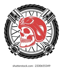 Born to ride. Skull in motorcycle helmet on background with wheel and crossed pistons. Design element for t-shirt print, poster, emblem. Vector illustration.