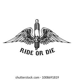 Born to ride. Spark plug with wings isolated on white background. Design element for logo, label, emblem, sign. Vector illustration