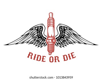 Born to ride. Spark plug with wings isolated on white background. Design element for logo, label, emblem, sign. Vector illustration