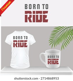 Texto 'Born to Ride' con Vector de hojas verdes Gráfico: Diseño minimalista de tipografía de eco-motorista para camiseta blanca e impresión de tazas. Amante de la Naturaleza y el concepto de la libertad de la carretera en fondo transparente.