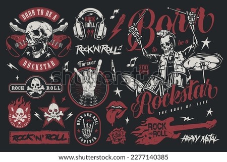 Born rockstar set colorful logotypes with skeleton and drums or guitar for fans of heavy electronic music vector illustration