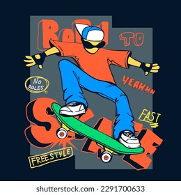 Born to skate. Freestyle poster with skateboarder teenager, graffiti lettering. Colorful cartoon Skateboard illustration. Sport print with dude on skateboard.