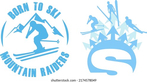 Born To Ski But Forced To Work - Ski T-shirt Design. Ski rides, jumps, slides in the mountains. Ski actions.